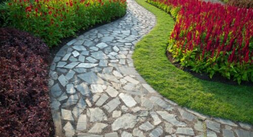Natural stone paver in backyard garden